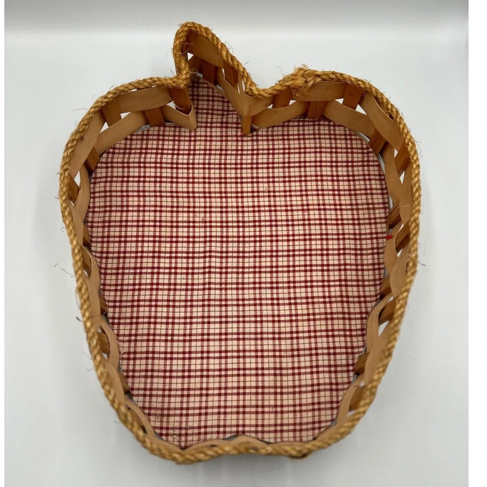 Apple Shaped Woven Wood Basket Red Gingham Lining Farmhouse Country Decor Large